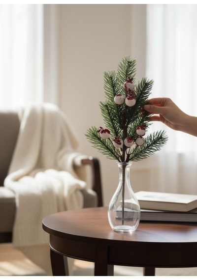 Yapay Çiçek Kokina Narlı Çam Dalı Karlı Renk 30cm Yılbaşı Çiçeği Red Berry Kırmızı