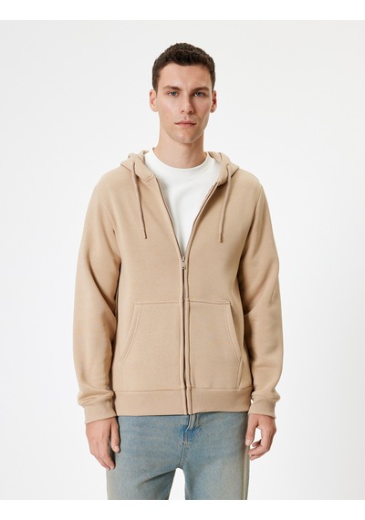 Koton Fermuarlı Sweatshirt Kapşonlu Cep Detaylı Pamuk Karışımlı Bej 5wam70016mk Ekru