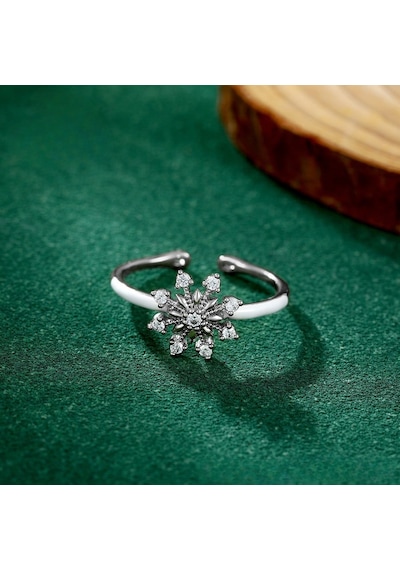 Zirkon Taşlı Kar Tanesi Motifli Platin Kaplama Ayarlanabilir Kadın Yüzük Silver