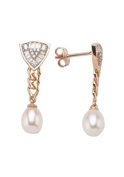 7,5 Mm Üçgen Modeli Baget Taşlı Doğal İnci Küpe Rose Rose