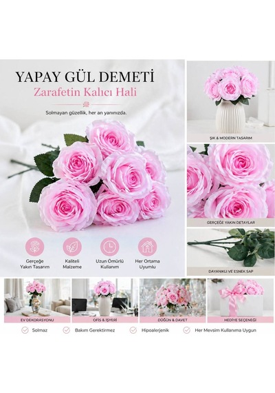 Dekoratif Şık Tasarım Solmayan Pembe Yapay Gül Demeti Çok Renkli