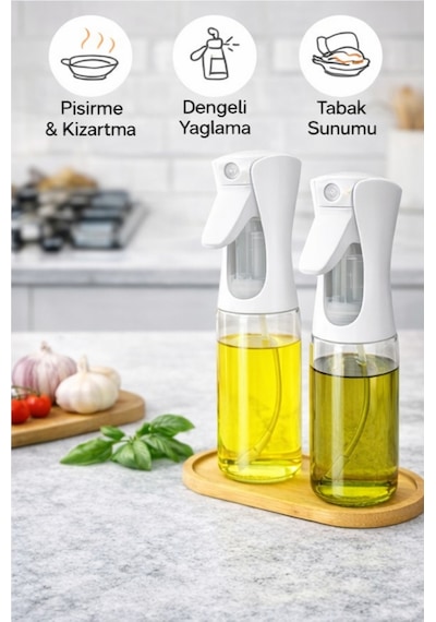 2'li Bambu Altlıklı Sprey Cam Yağdanlık - Airfryer Yağlık Fritöz Yağ Püskürtücü Beyaz 300 Ml Şeffaf