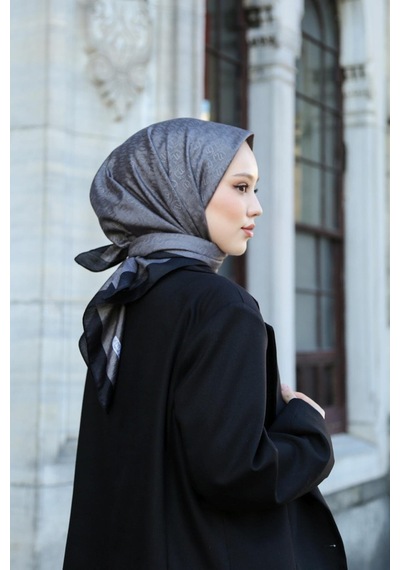 Eşarp - Premium Lux Original Monogram Eşarp İpek Vual, Yüksek Kalite, Hafif, Rahat, Şık, Scarf Füme Gri Şeritli
