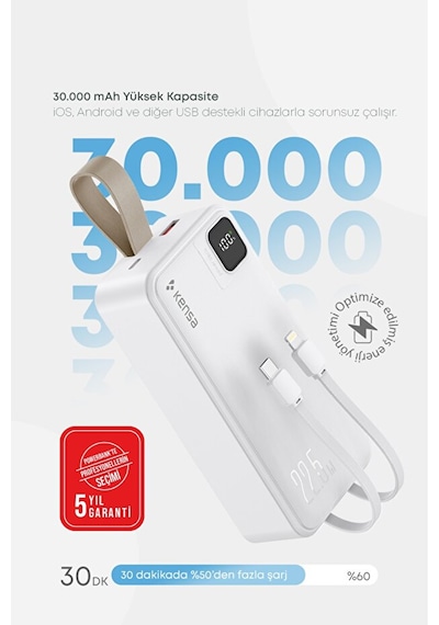 Taşınabilir 30.000 Mah Powerbank 22.5w Pd Hızlı Şarj, Led Gösterge, Android & Apple Uyumlu iOS Beyaz
