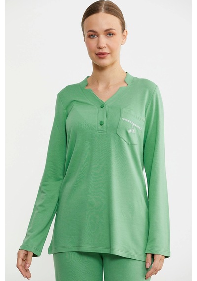 Feminight Sementa 76438 Yarım Düğmeli Cep Detaylı Pijama Takım Yeşil