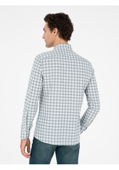 Cacharel Haki Slim Fit Pamuklu Kareli Gömlek Yeşil