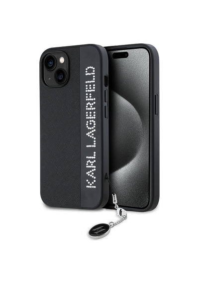 Apple Uyumlu iPhone  15 Kılıf Karl Lagerfeld Lisanslı Anahtarlıklı Taşlı Kl Yazılı Saffiano Rhinestones Siyah