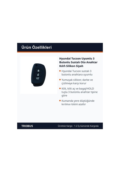 Trobus Hyundai Tucson Uyumlu 3 Butonlu Katlanır Oto Anahtar Kılıfı Silikon Siyah