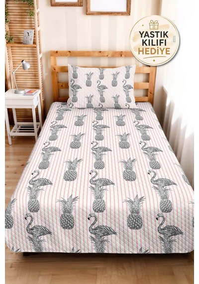 Tropikal Genç Odası Tek Kişilik Pike Takımı - Flamingo Ananas Gri 160x220 Cm Kapitone Yatak Örtüsü Buharlı Yağmur Baharı