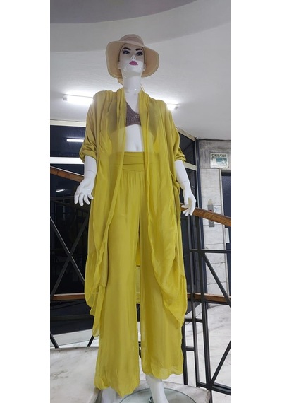 Itayan Ipek Detaylı Oversize Kaftan- Pantolon Takım Hardal