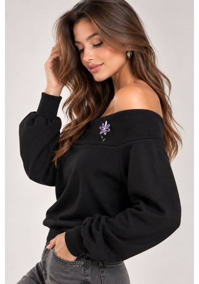 Sortie Collection Madonna Yaka Çiçek Nakışlı 3 İplik Sweatshirt Siyah