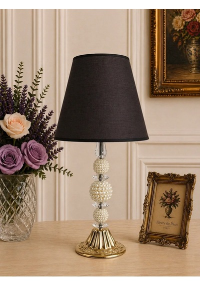 Füme Kumaş Başlık İncili Gold Ayaklı Modern Abajur 48x25cm