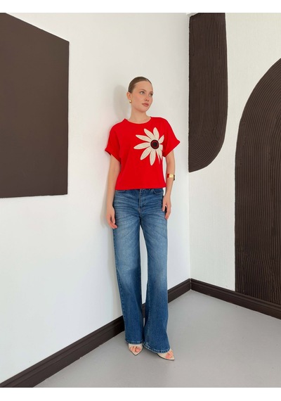 Verymoda Çiçek Detaylı Tişört D2910 Kirmizi
