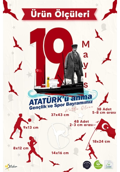 19 Mayıs Atatürk Ü Anma Gençlik Ve Spor Bayramı Çift Taraflı Cam Sticker Set 100% Görünüm,90 Parça Dijital Baskı