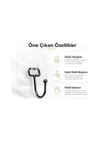 Alper Banyo Yapışkanlı Siyah Askılık, Şeffaf Tabanlı Kancalı Banyo Ve Mutfak Askısı, Delmeden Montajlı Metal Genel