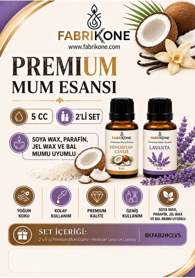 Premium Mum Esansı 5 Cc 2'li Set - Hindistan Cevizi, Lavanta - Soya Wax, Parafin, Jel Wax Ve Bal Mumu Uyumlu Bkfab2hclv5 Karışık