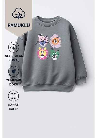 Monila Kız Çocuk 3 İplik Kumaş Pamuklu Hayvan Baskılı Sweatshirt Antrasit