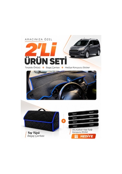 E-biz Ford Courier 2020-2023 Ekranlı Uyumlu Torpido Örtüsü + Tay Tüyü Çanta - Siyah-mavi - Fo005