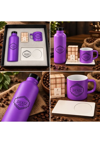 Bk Gift Kişiye Özel İsimli Mor Cam Suluk & Kahve Fincanı & Türk Kahvesi & Mdf Altlıklı - Hediye Kutulu Mor Set-3