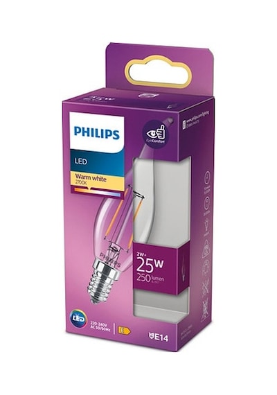 Philips LED Classic Şeffaf Mum Filament 2W 250 Lumen 2700K Sarı Işık BA35 E14 Duy (25W Eşleniği)