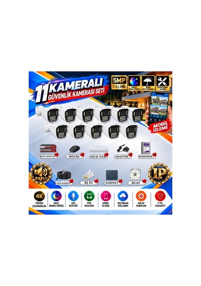 11 Kameralı 4k Sesli İp Güvenlik Kamerası Seti 5mp Gece Renkli Görüş 21 Warm Led Poe 421wsp
