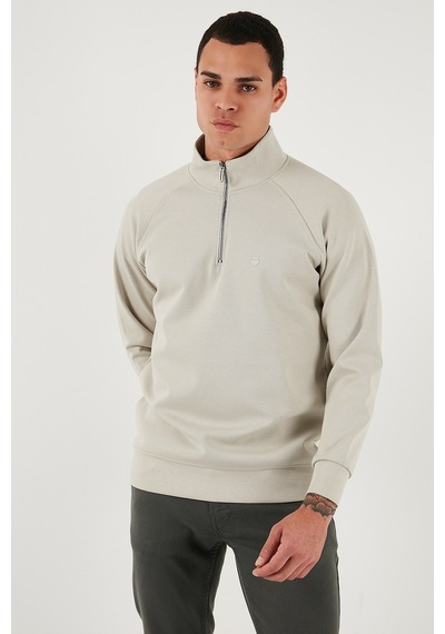 Buratti Pamuklu Relaxed Fit Yarım Fermuarlı Dik Yaka Erkek Sweat 5901232 Taş