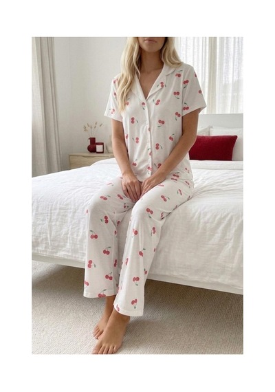 Fit Women Kiraz Desenli Düğmeli Kısa Kollu Pijama Takımı 4589 Beyaz