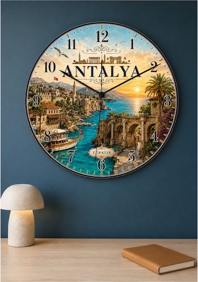 AA Shop Antalya Türkiye Şehir Manzaraları Desenli Dekoratif Baskılı Ahşap Duvar Saati 45 Cm Sessiz Akar Mekanizma 894 Çoklu Renkli