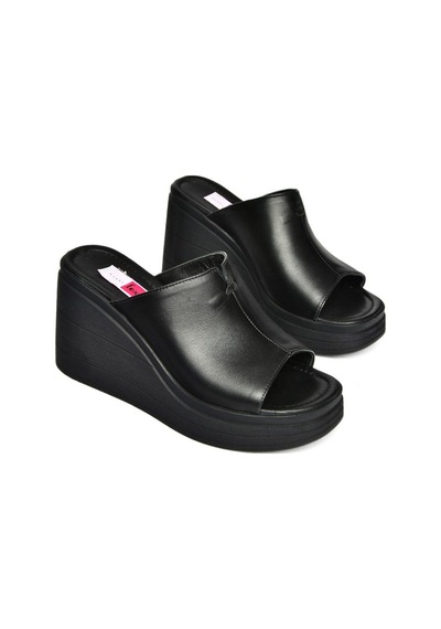 Fox Shoes P555961203 Siyah Hakiki Deri Dolgu Topuklu Kadın Terlik Siyah
