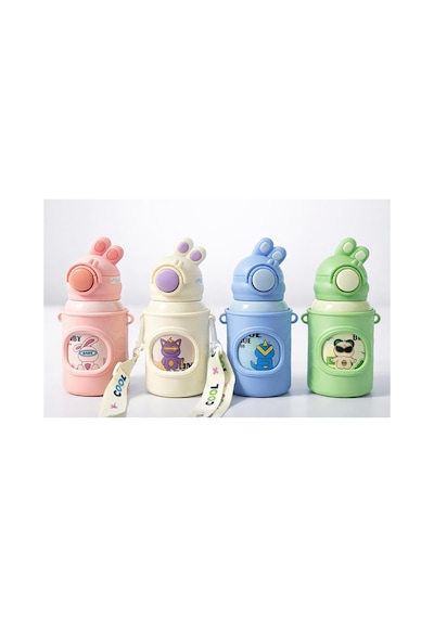 4 Adet Çocuk Termosu Tavşan Kulaklı Pipetli Suluk, Paslanmaz Çelik 500 Ml, Çocuk Su Matarası Kids Bottle