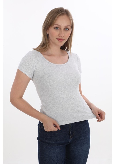 Monox Kadın Fitilli Likralı Pamuk Basic Tshirt Gri