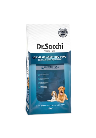 Dr. Sacchi Premium Düşük Tahıllı Ton Balıklı ve Somon Balıklı Yetişkin Köpek Maması 12 KG
