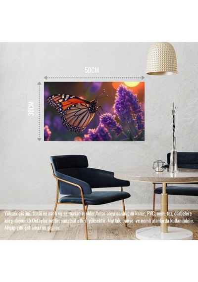 Kelebek Parlayan Güneş Işığı Altında Lavanta Çiçeğinin Üzerinde Dinleniyor 08 Çerçevesiz 50x30 Cm Pvc Tablo