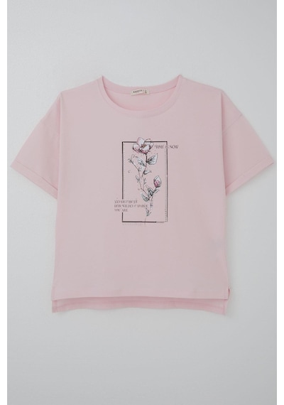Breeze Kız Çocuk Tişört Taş Aksesuarlı Çiçek Baskılı 9-16 Yaş, Pembe Pembe