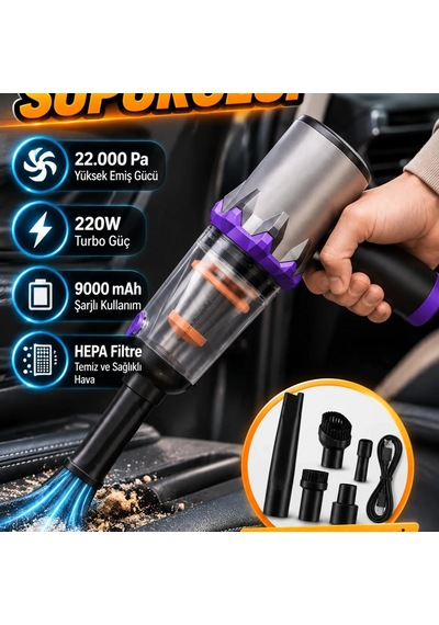 22.000 Pa Şarjlı Araç Süpürgesi 9000 Mah 220w Turbo Güç, Hepa Filtre Ve Aparat Seti