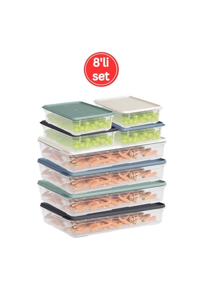 Flora 8'li Buzdolabı Düzenleyici Set, Buzluk Derin Dondurucu Buzdolabı Saklama Kabı 4x 1100,2200ml Şeffaf