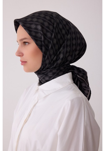 Belli Geometrik Desen %100 Twill İpek Eşarp Be25 Siyah 75977137