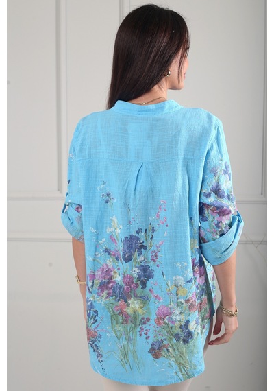 By Saygı Kadın Çiçek Desenli İtalyan Cotton Oversize Gömlek Mavi