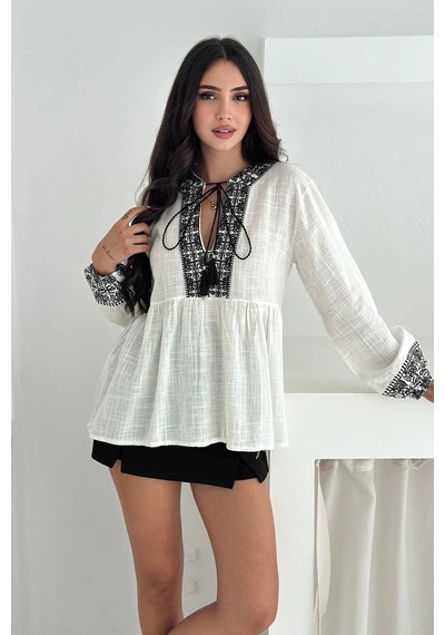 Asprin Fashion Etnik Desenli Bağlamalı Bluz Siyah Siyah