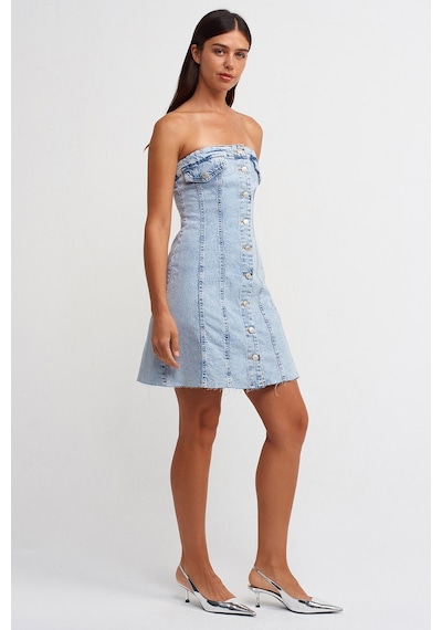 Dilvin 90524 Eteği Dikişsiz Kloş Denim Elbise-Mavi