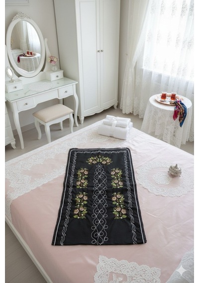 Kanaviçe Işlemeli Etamin Kumaş Tek Seccade - Siyah Kod 33464