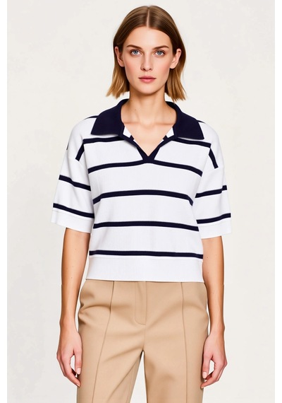 Benerly Kadın Bluz Triko Polo Yaka Kısa Kol Çizgili Crop Boy Regular Kalı Lacivert