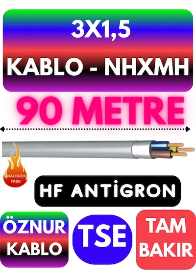 Öznur 3x1,5 Nhxmh Alev İletmez Kablo Metre Seçenekli Gri - 90 Metre