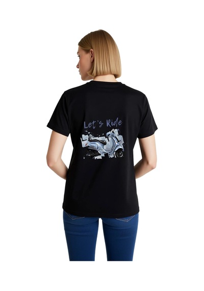 Paybuy Kadın Scooter Baskılı Kısa Kollu Tişört Let's Ride Retro Nostalji Siyah