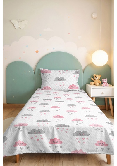 Evimde Bambaşka Pembe Bulut Kız Çocuk Pike Takımı - Sevimli Gri Kalp Bebek Odası Mevsimlik Yatak Örtüsü - 160x220  CM
