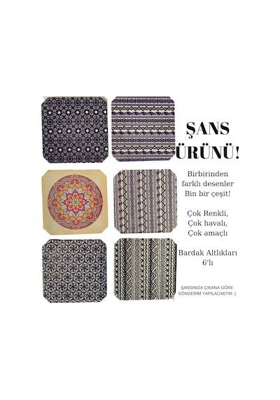 Bardak Altlığı 6'li Şans Butiği Ahşap Baskılı Doğa, Ünlüler, Sanat Eserleri, Mandala, İlham Verici Görsel & Diğer