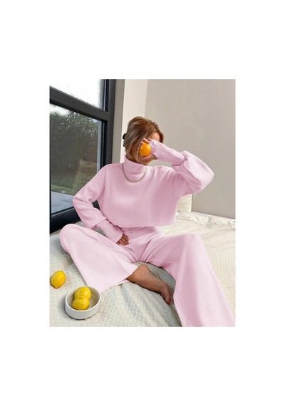 De Pose Pembe Parmak Geçmeli Crop Yüksek Bel Triko Takım
