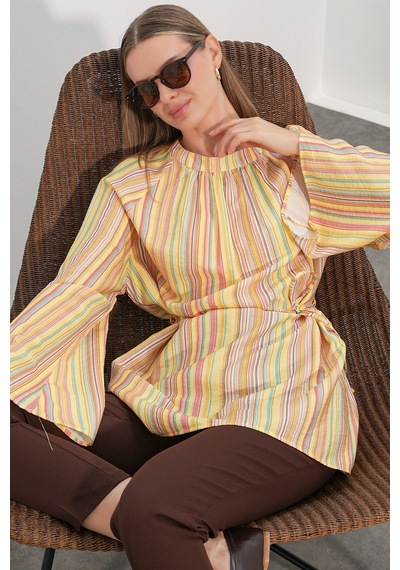 Bigdart Kadın Çizgili Bağcıklı Oversize Tunik 50009 - Sarı