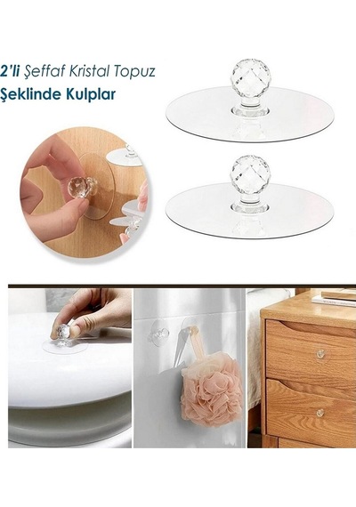 Çok Amaçlı 2li Kristal Topuz Kendinden Yapışkanlı Çekmece Kulpu Ayna Kulpu Askı Tutucu Şeffaf Askı P Diğer