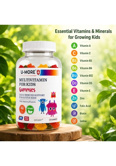 Multivitaminli Çocuk Gummies 60 Adet Şekersiz, Sığır Jelatini İçermez, Çilek-portakal Aromalı